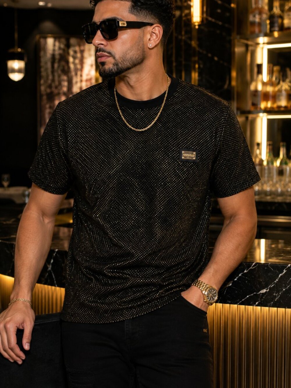 Barabas Black Gold Shimmer Crystal Tee | Luxury Streetwear | Size L